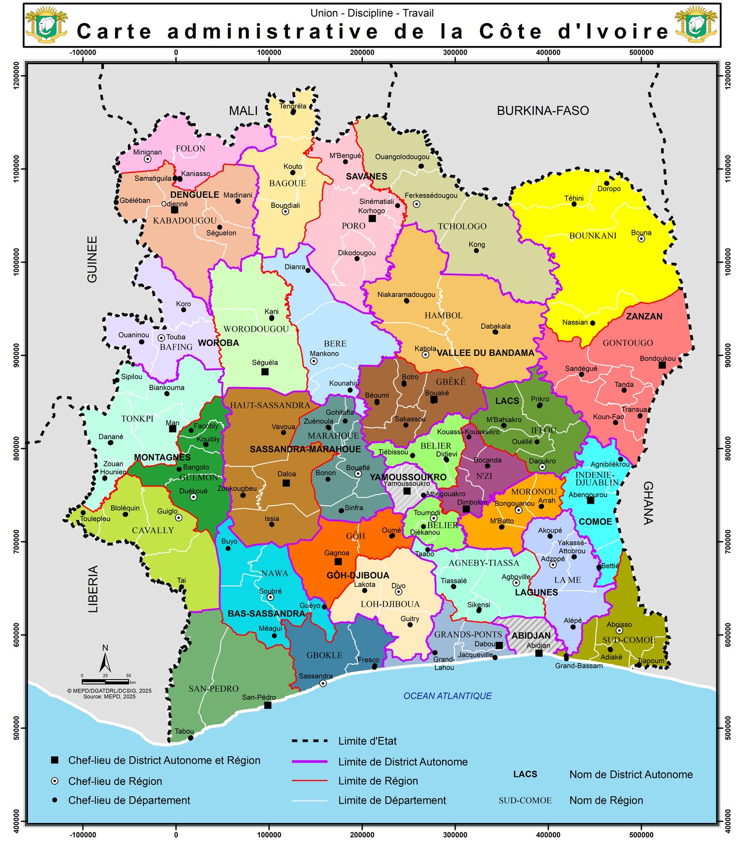 Carte administrative de la Côte d’Ivoire : districts, régions et chefs-lieux