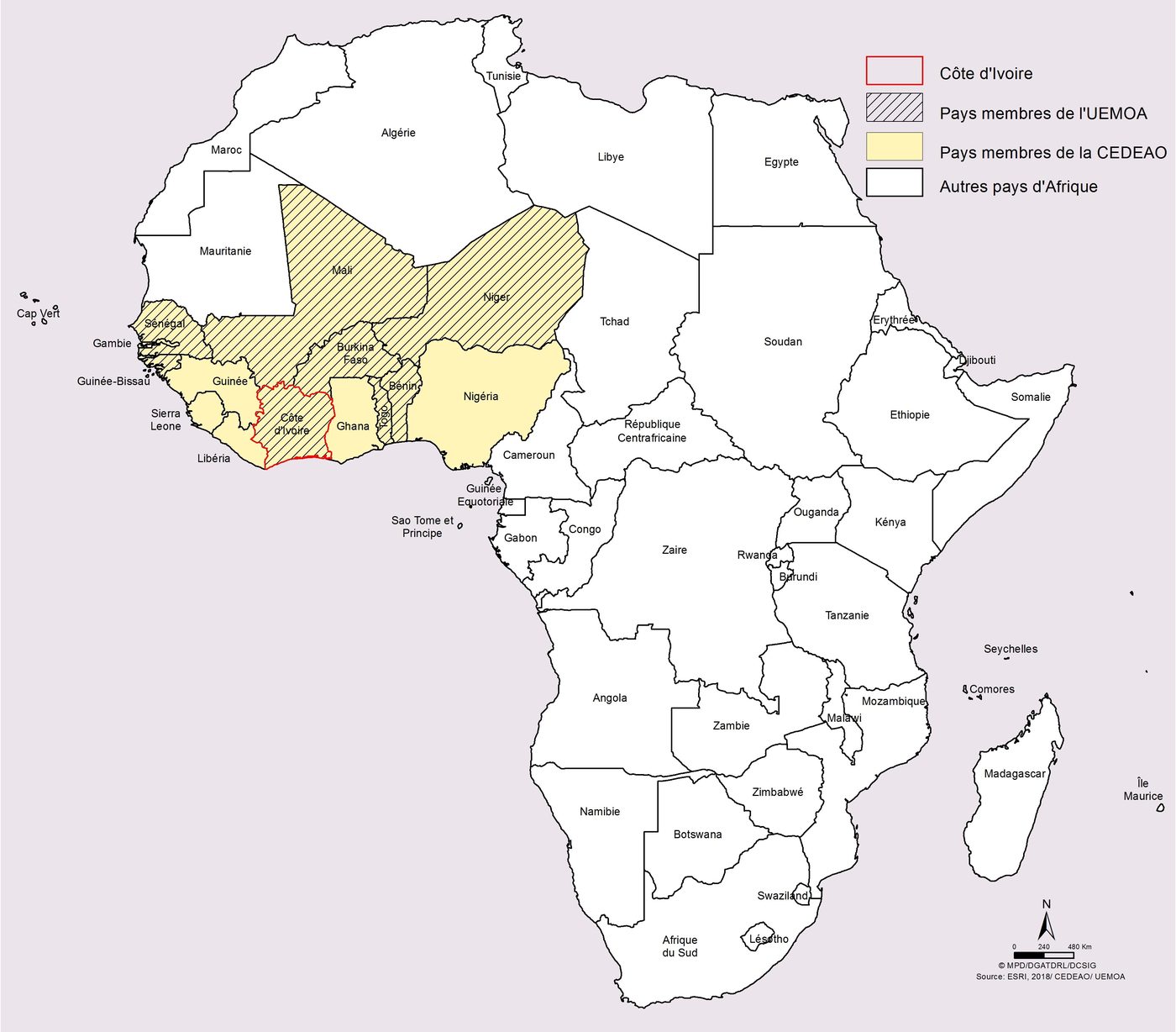 Carte de la Côte d’Ivoire en Afrique, avec les pays de l’UEMOA et de la CEDEAO